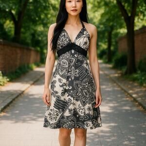 VTG Y2K Halter Babydoll Fairy Grunge Whimsigoth Black White Floral Dress 9/10 M